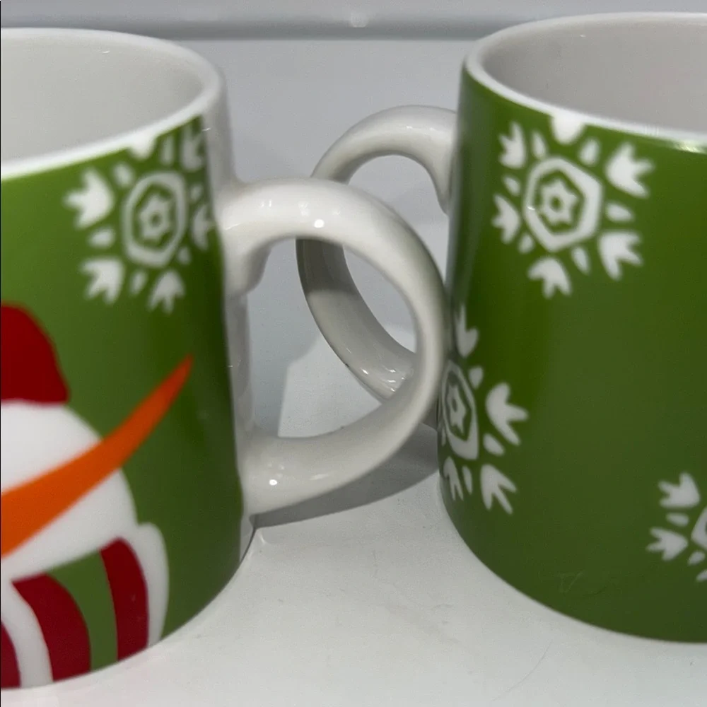 Crate&Barrel Snowman Holiday Mugs - Red, Green, White - set of 2